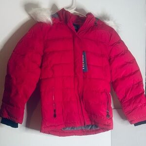 Hot Pink big girls sz 8 puffer coat NEW zip and snap faux fur trim hood